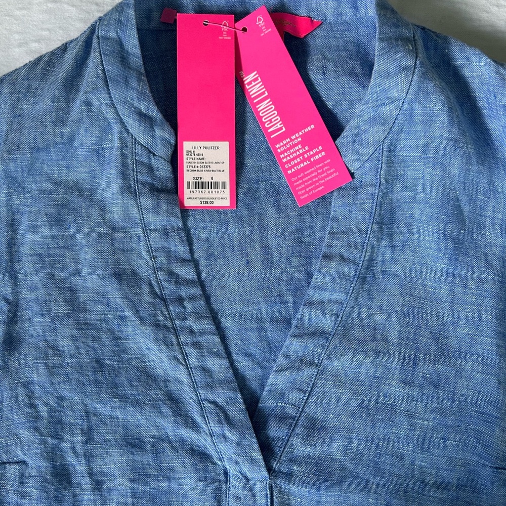 Lilly Pulitzer Mialeigh BLUE Linen Blouse, Size 6 - Picture 8 of 16